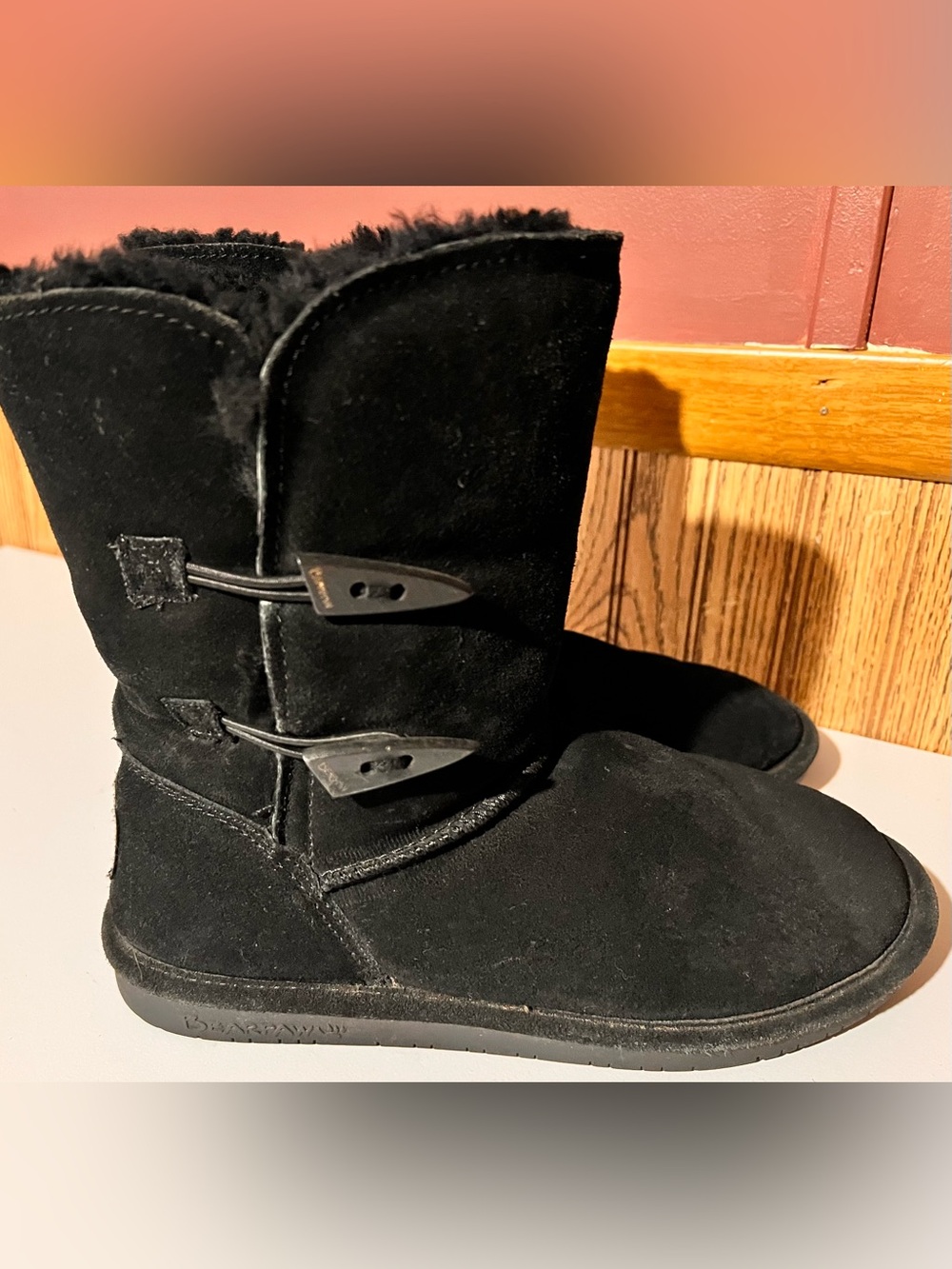 BearPaw Black Suede Faux-Fur Toggle Ankle Boots